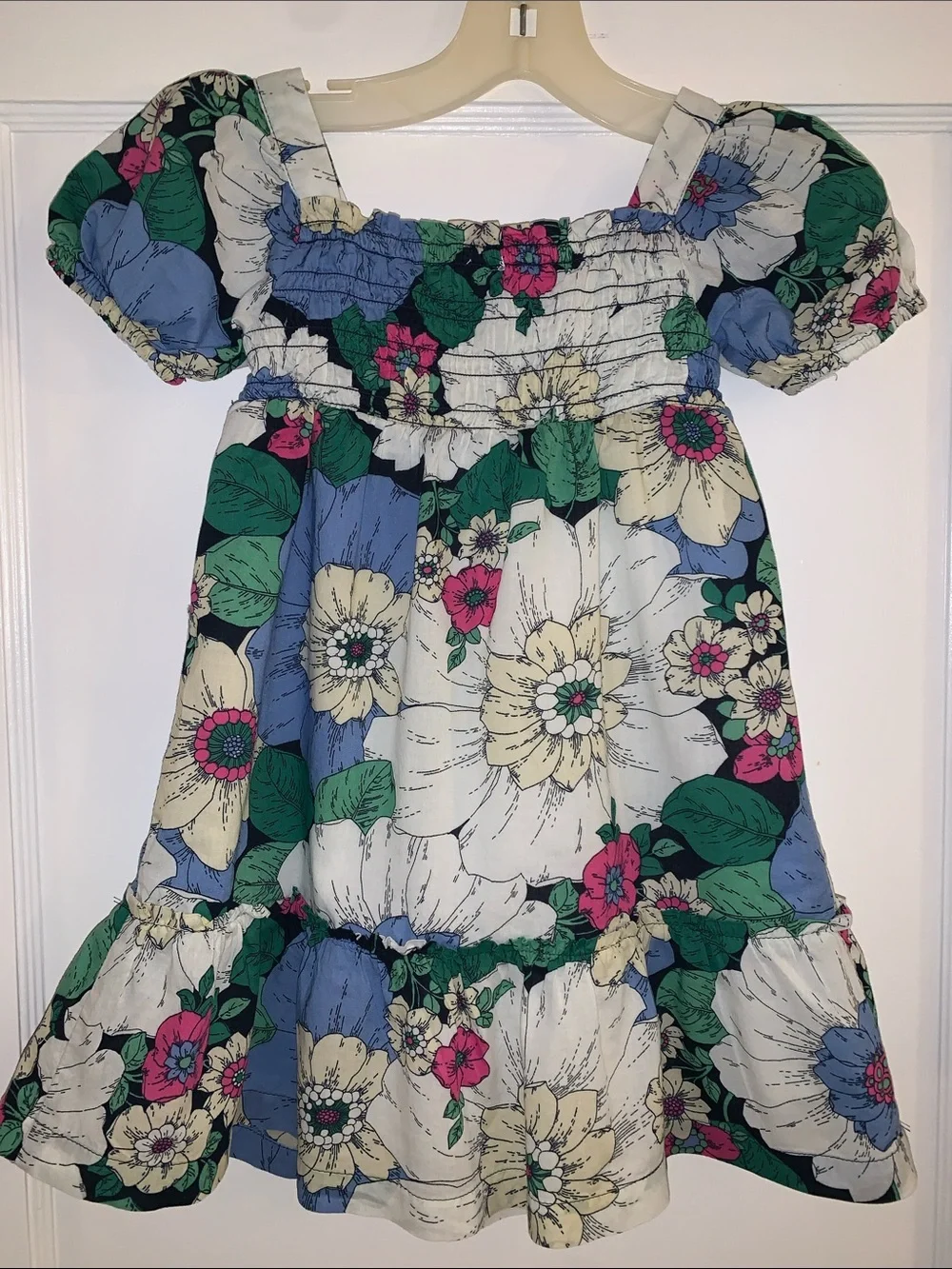 GAP Floral Puff Sleeve Dress 4 EUC White Blue Pink